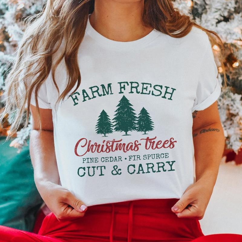 Sandjest Christmas Tshirt Farm Fresh Christmas Trees Gift for Women Girl Friend Hoodie, Sweatshirt | HypeCrazeTee.com