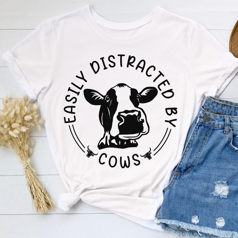 Sandjest Cow Lover T-Shirt Easily Distracted by Cows Gift for Women Girl Boy Men Hoodie, Sweatshirt | HypeCrazeTee.com