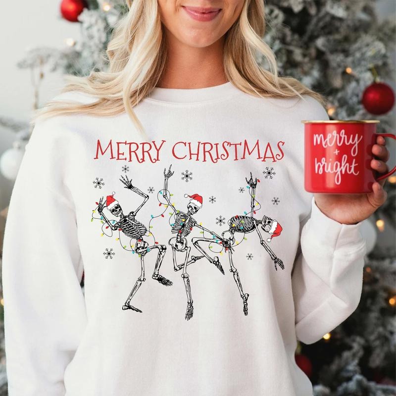 Sandjest Funny Christmas Sweatshirt Dancing Skeleton Gift for Women Girl Friend T-Shirts, Hoodie | HypeCrazeTee.com