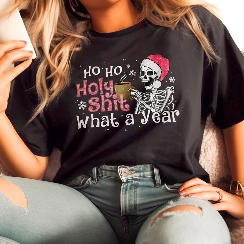 Sandjest Funny Christmas Tshirt, Ho Ho Holy Shirt, What a Year Tee, Christmas Skeleton T-Shirt, Christmas Pajamas,...