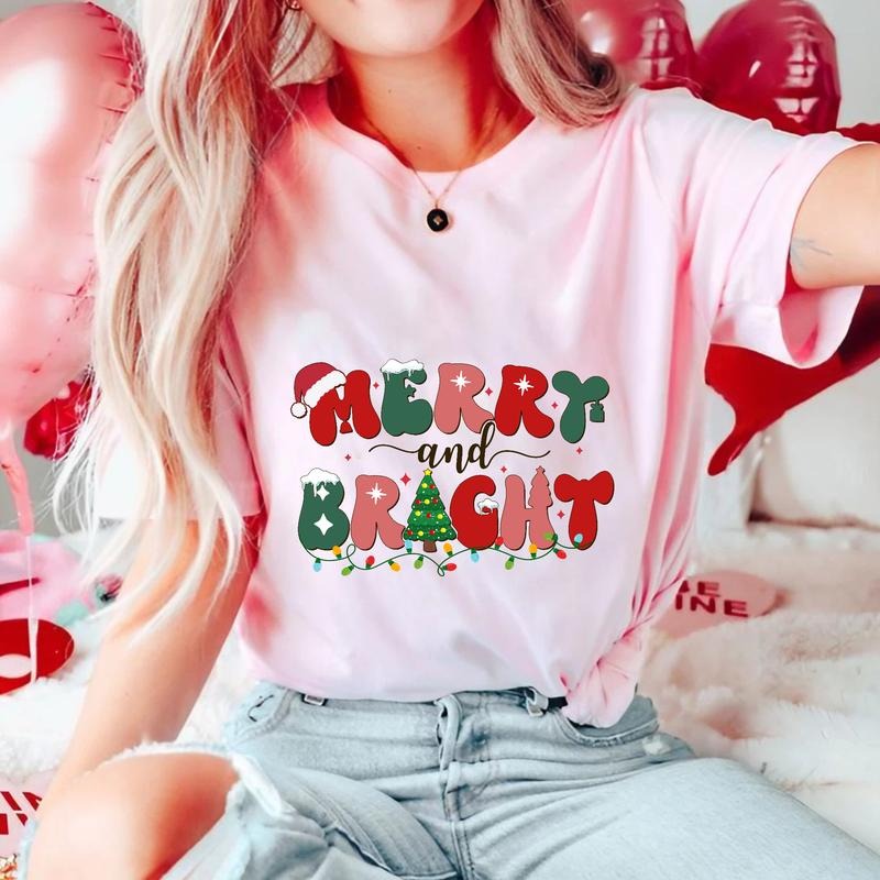 Sandjest Merry And Bright Christmas Tshirt, Women Christmas Shirt, Christmas Tshirts for Women, Christmas Women, Merry...