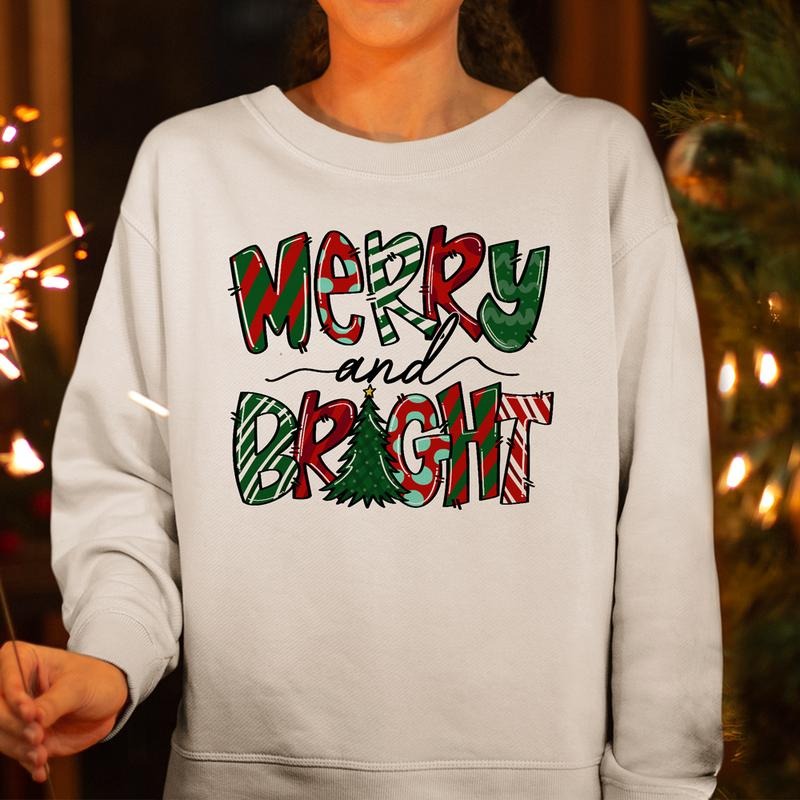 Sandjest Merry Christmas Crewneck Sweatshirt Merry and Bright Xmas Tee Gift for Women Men Friend Hoodie | HypeCrazeTee.com