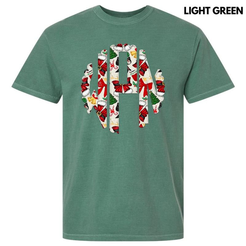 Santa Bow Theme Monogram Comfort Colors T-Shirt 'NLB' Hoodie, Sweatshirt | HypeCrazeTee.com