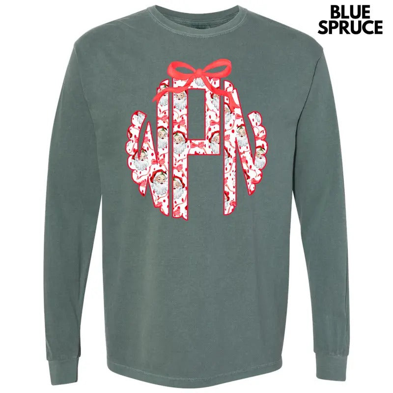 Santa Face Monogram Long Sleeve Comfort Colors T-Shirt 'NLB' Hoodie, Sweatshirt | HypeCrazeTee.com