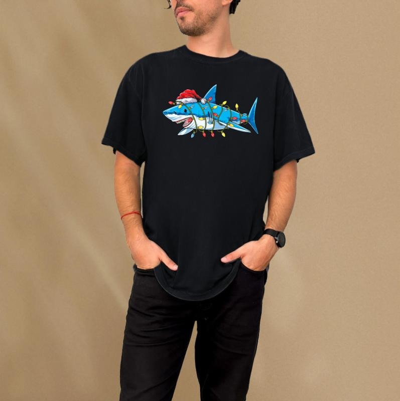 Santa Shark T-Shirt with Festive Christmas Lights Graphic Print Hoodie, Sweatshirt | HypeCrazeTee.com