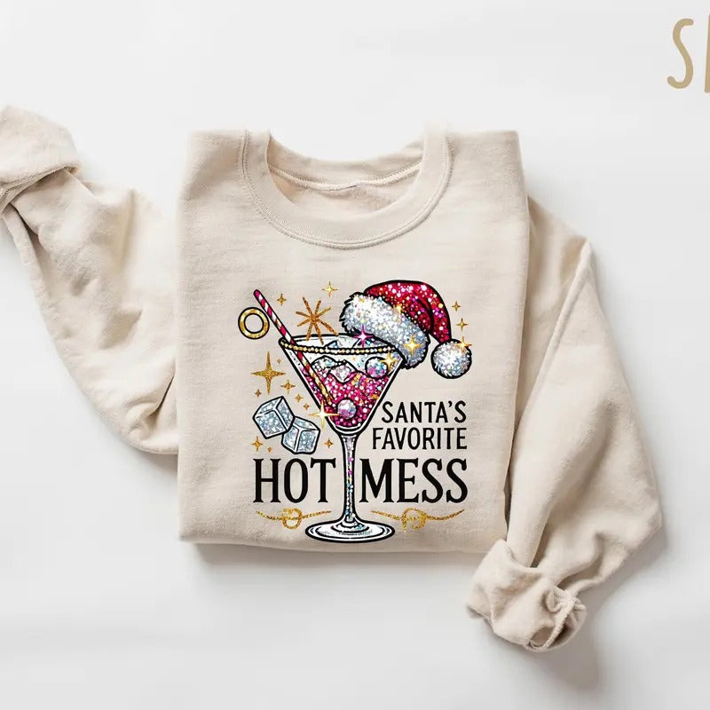 Santa's Hot Mess Sweater, Christmas Martini Hoodie, Christmas Drink Sweatshirt, Christmas Party Sweatshirt, Drink Sweater...
