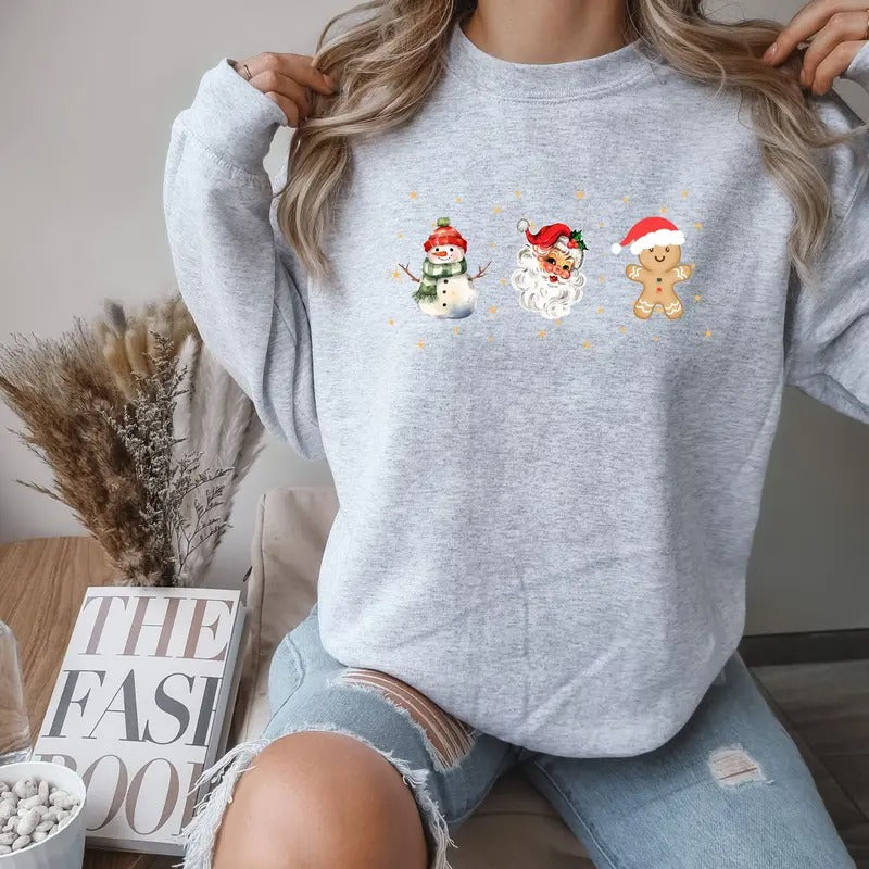 Santa, Snowman, Gingerbread man Christmas Crewneck Sweatshirt Comfortable Soft Womenswear Casual Day Graphics Hoodie T-Shirts