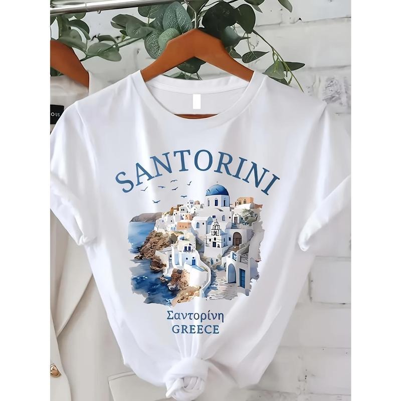 Santorini print crew neck t-shirt, summer and spring short sleeve casual tops, women's clothing Hoodie, Sweatshirt