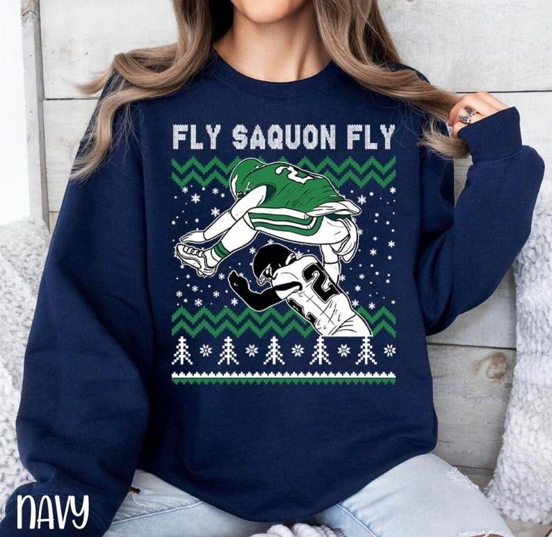 Saquon Barkley Jump Ugly Christmas Crewneck Sweatshirt, Merry Christmas Football T-Shirts, Hoodie | HypeCrazeTee.com