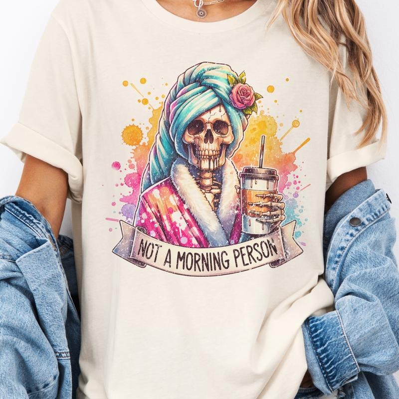 Sarcastic Not A Morning Person Skull Graphic Tee Funny Coffee Skull Tshirt Unisex Womens Sublimation T-shirt Hoodie,...