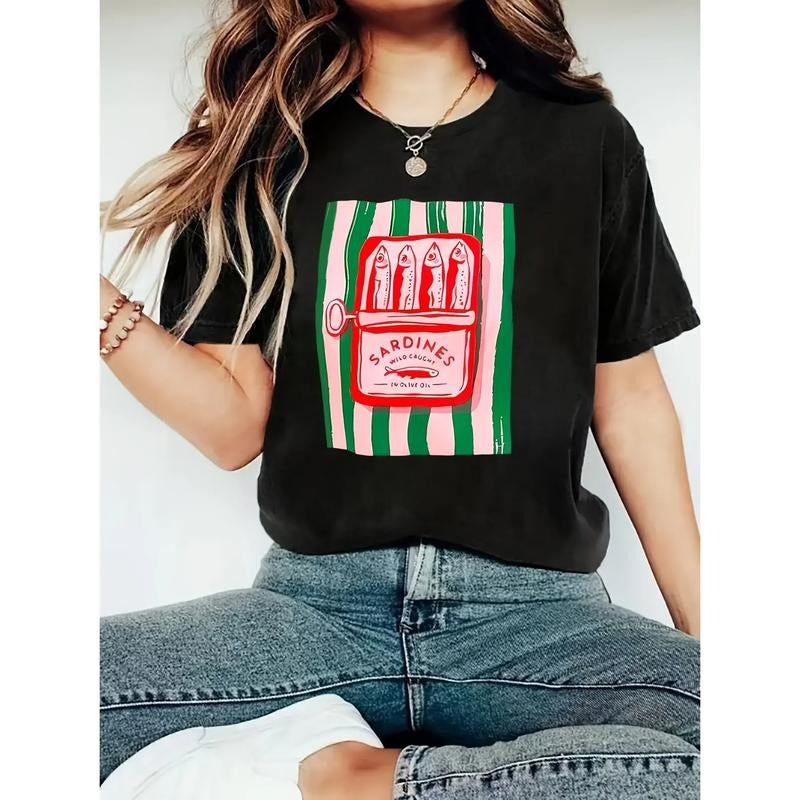 Sardines can pattern print Women's casual T-shirts Casual versatile women's summer short-sleeved tops T-shirts Hoodie,...