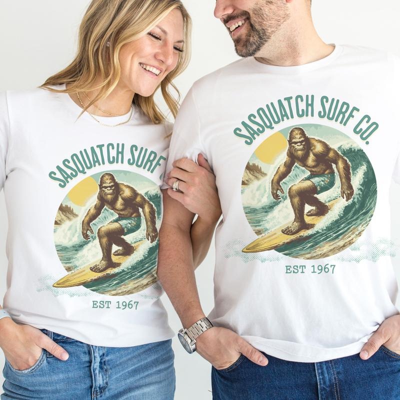 Sasquatch Surf Co Graphic Tee Summer Beach Surfing Bigfoot Tshirt Unisex Casual Ocean Vacation Top Hoodie, Sweatshirt