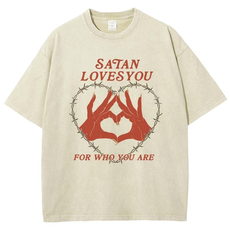 Satan Loves You Unisex Summer outfits men streetwear 80s 90s graphic tees cotton funny washed tshirt men gifts Hoodie,...