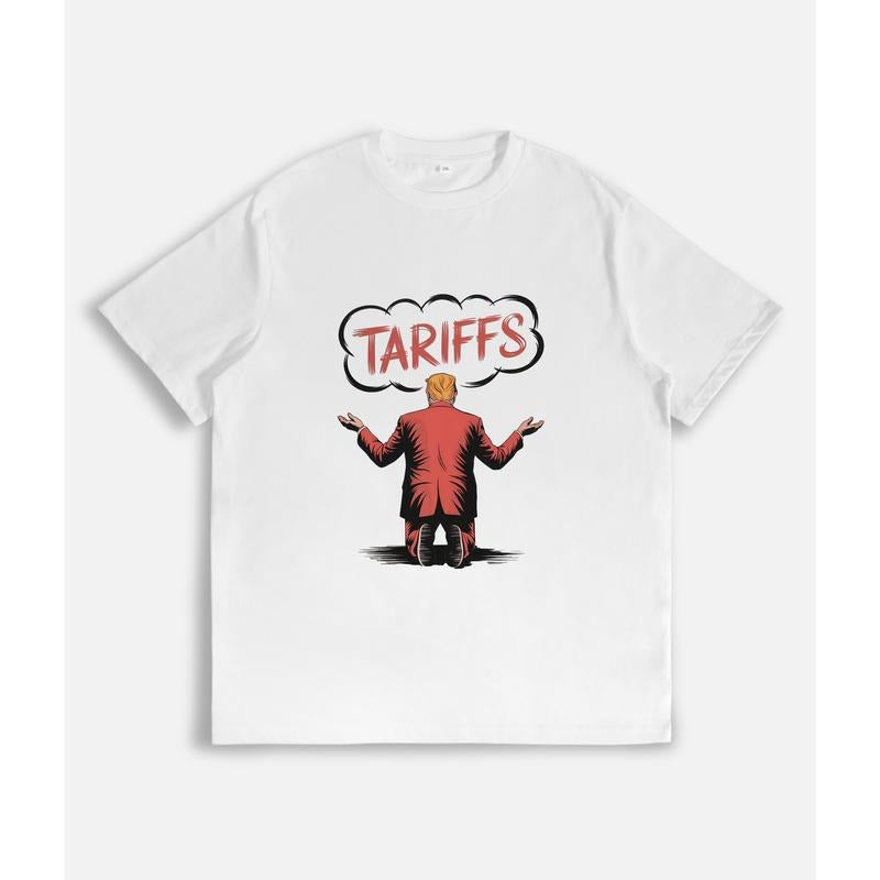 Satirical T - Shirt with Kneeling Figure and "Tariffs" Thought Bubble Hoodie, Sweatshirt | HypeCrazeTee.com