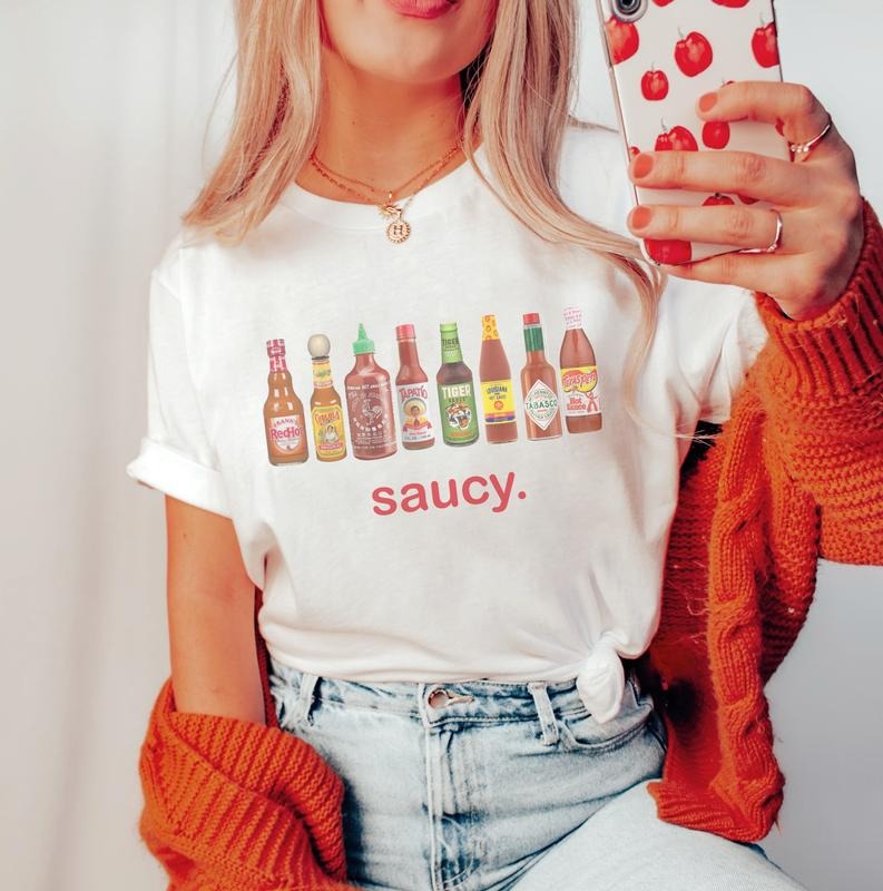 Saucy T-Shirt Funny Saucy Tshirt Funny Sarcastic Tee Condiments Food Shirt Soft Print T-Shirt Sublimation Print Tee...