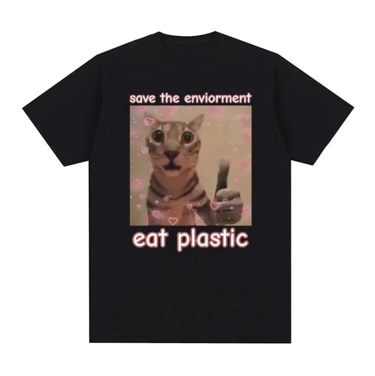 Save The Environment Eat Plastic Cute Cat Graphic T Shirt Funny Men Women Hoodie, Sweatshirt | HypeCrazeTee.com