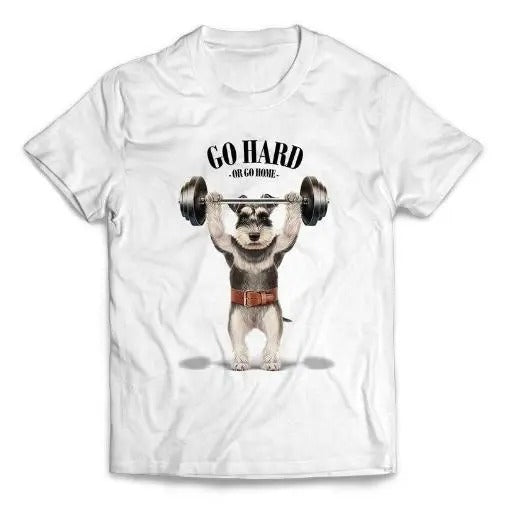Schnauzer Dog Barbell Shoulder Press Muscle Workout - Short-Sleeve Unisex T-Shirt Made in USA Hoodie, Sweatshirt