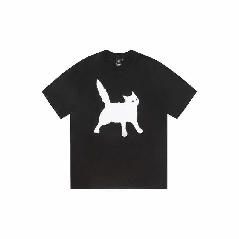 Scratch Silhouette Cat Printing Loose Casual Trend Summer Short Sleeve T-shirt Men and Women Same Style Hoodie, Sweatshirt