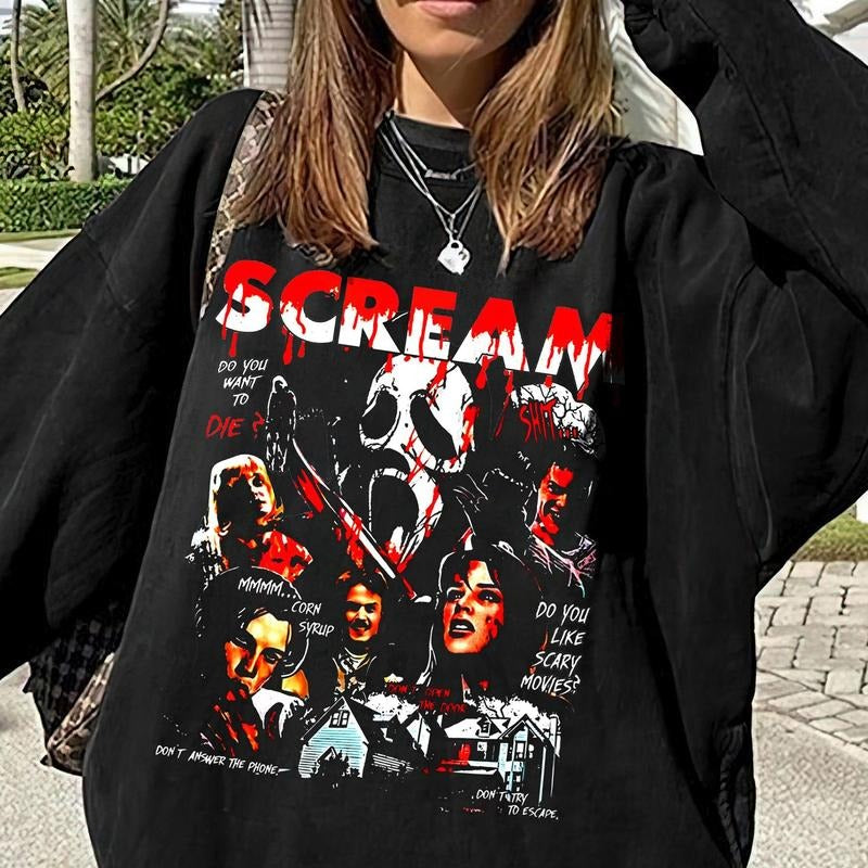 Scream Movie Characters Crewneck Sweatshirt, Ghostface Halloween Shirt Hoodie | HypeCrazeTee.com