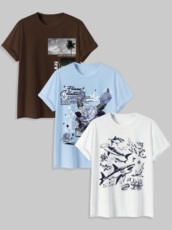 Men's Landscape/Floral/Sea Life Print Round Neck Tee, Casual Short Sleeve T-shirt for Summer, Menswear for Daily Wear...
