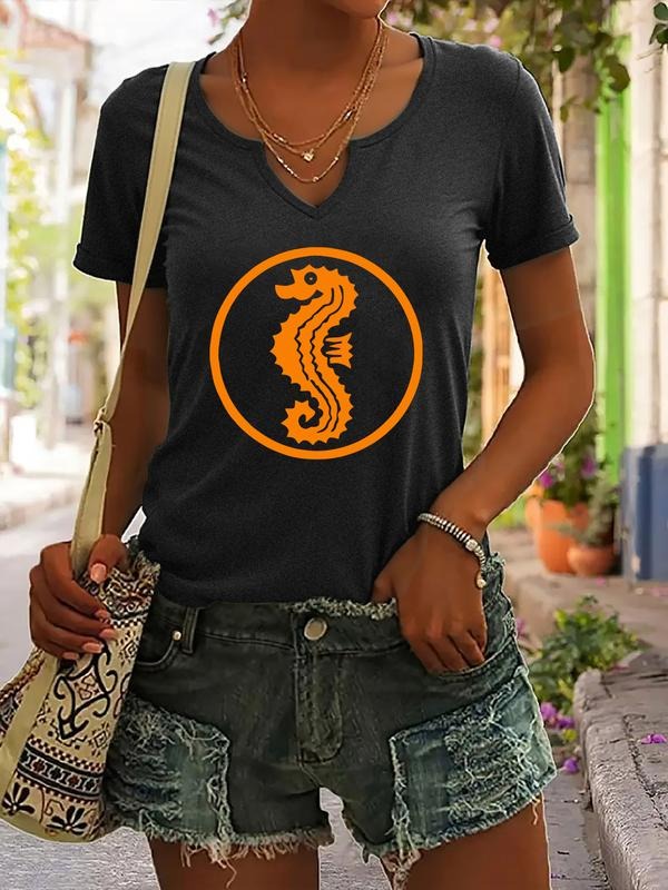 Seahorse Print Casual T-Shirt, Trendy Women's V-Neck Short Sleeve Summer Top, Fitted Stylish Apparel for Summer Hoodie,...