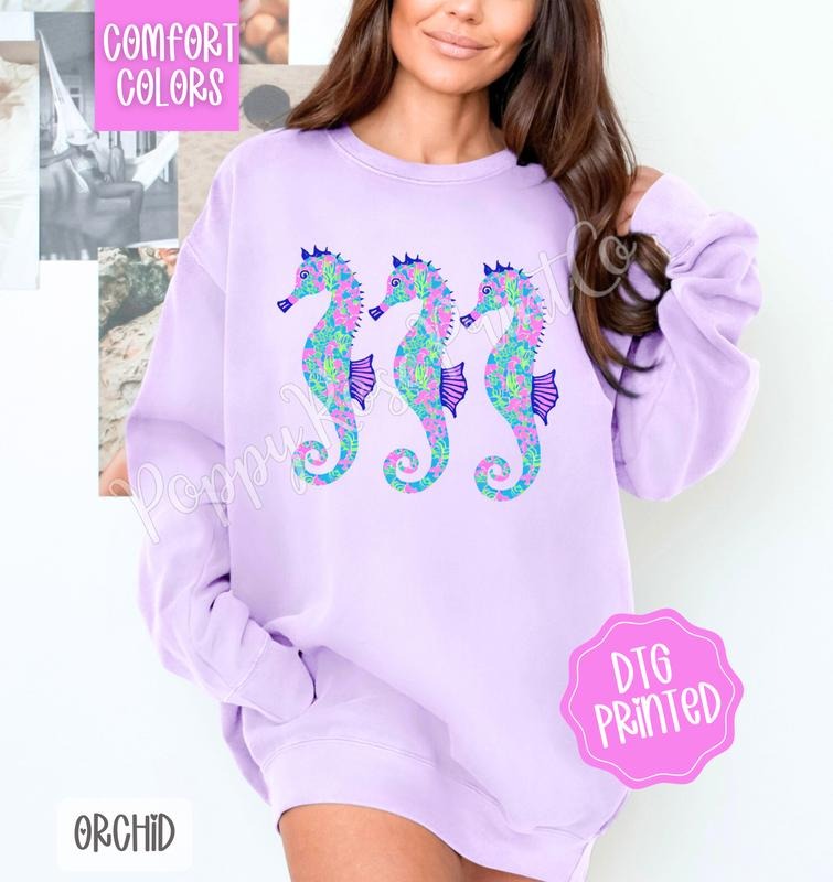 Seahorse Trio Comfort Colors Sweatshirt, Cute Women's Beach Sweater, Trendy Summer Crewneck, Gift for Her T-Shirts, Hoodie