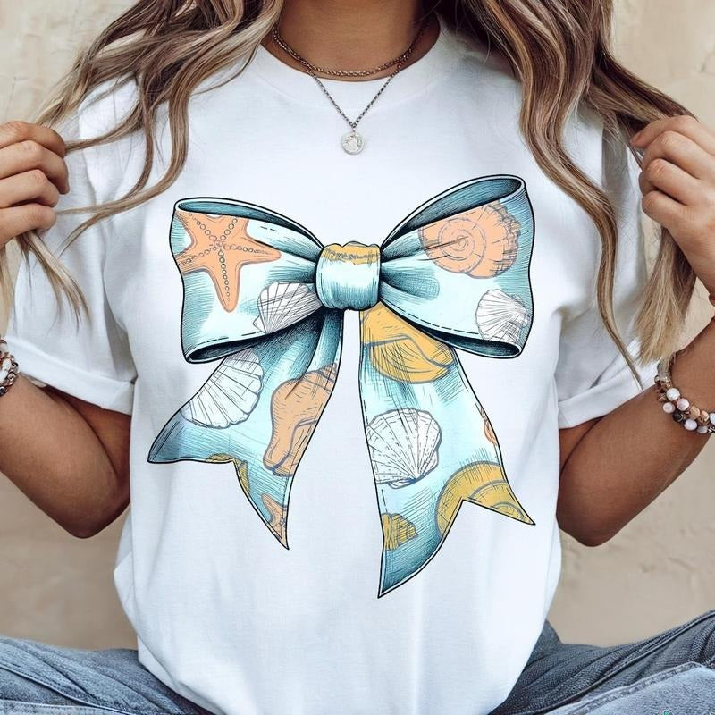 Seashell Coquette Bow Shirt, Summer Retro Beach Bow Tee, Seashell Coquette Beach Shirt, Summer Girly Coquette Bow Gift...