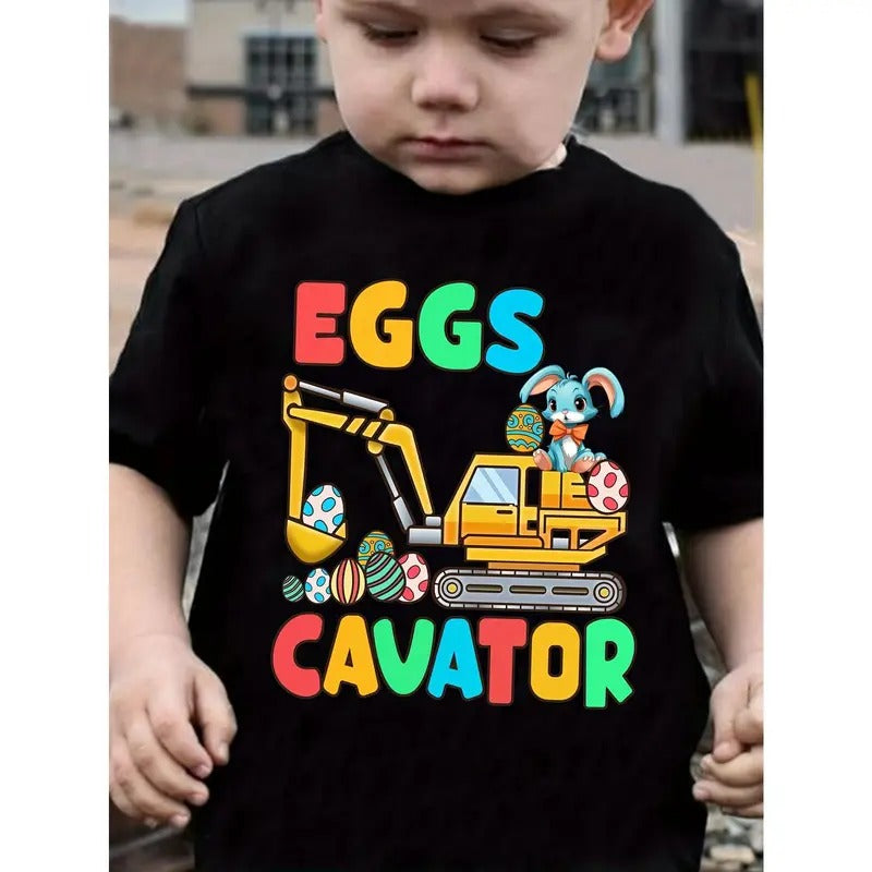 Seasonal Delight] Boys' Easter Egg Excavator Cartoon T-Shirt