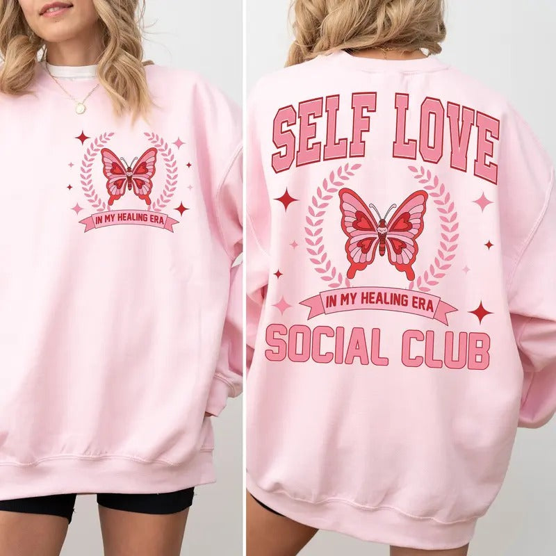 Self Love Club Sweatshirt, Groovy Valentine's T-Shirt, Trendy Love Crewneck, Mental Health Back and Pocket Clothing Hoodie