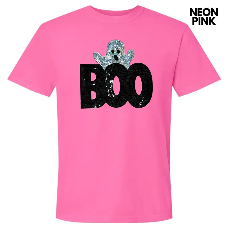Sequin Boo Ghost Patch Comfort Colors T-Shirt Hoodie, Sweatshirt | HypeCrazeTee.com