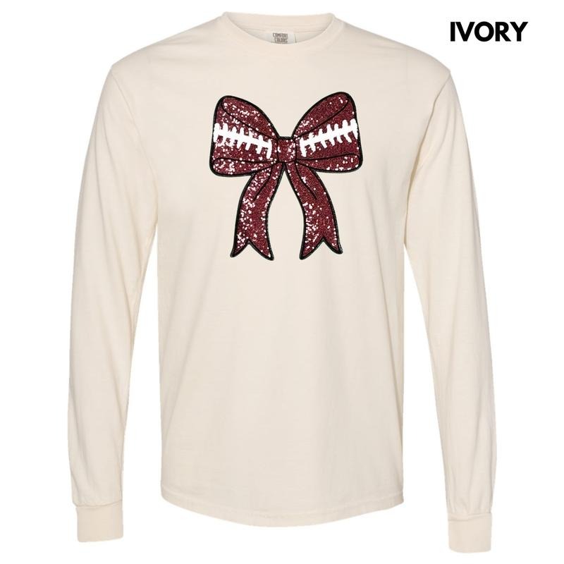 Sequin Football Bow Patch Long Sleeve Comfort Colors T-Shirt Hoodie, Sweatshirt | HypeCrazeTee.com