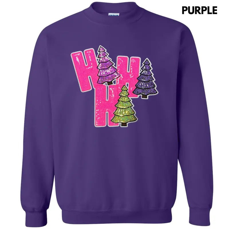Sequin HOHOHO Trees Patch Sweatshirt T-Shirts, Hoodie | HypeCrazeTee.com