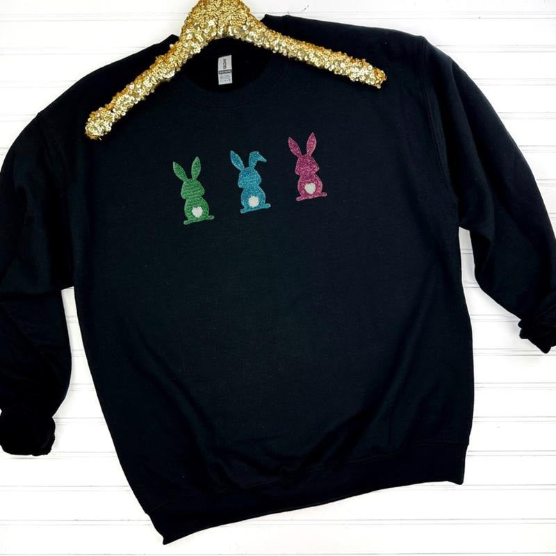 Sequin Triple Bunny Patch Sweatshirt -- BLACK T-Shirts, Hoodie | HypeCrazeTee.com