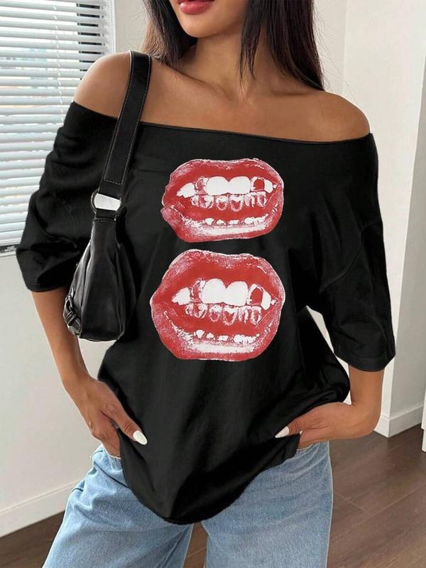 Sexy Lip Print Women's Summer Casual Slim Fit Loose Shoulder T-Shirt, Short Sleeve, Versatile and Comfortable Top Hoodie,...