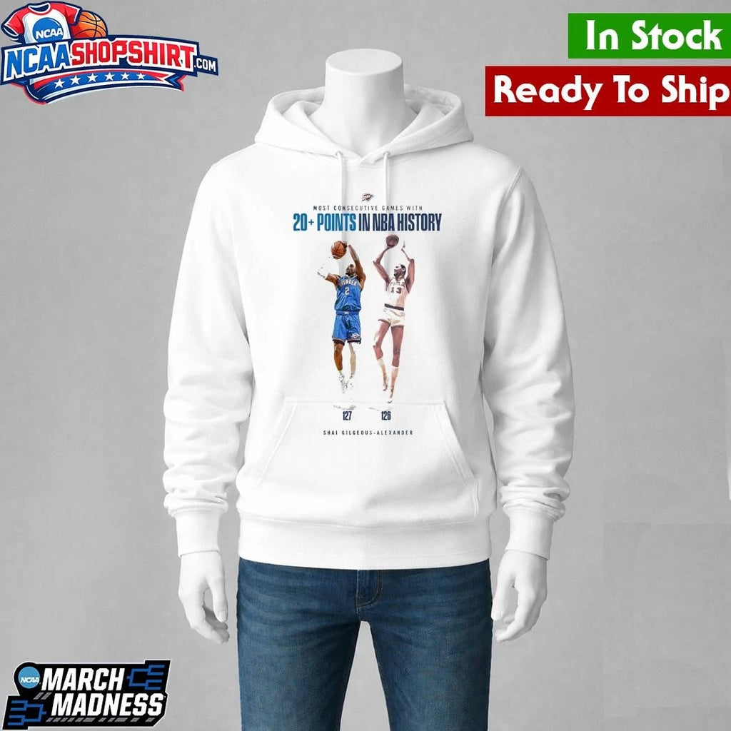 Shai Gilgeous Alexander OKC Thunder Most Consecutive Games With 20+ Points In NBA Shirt