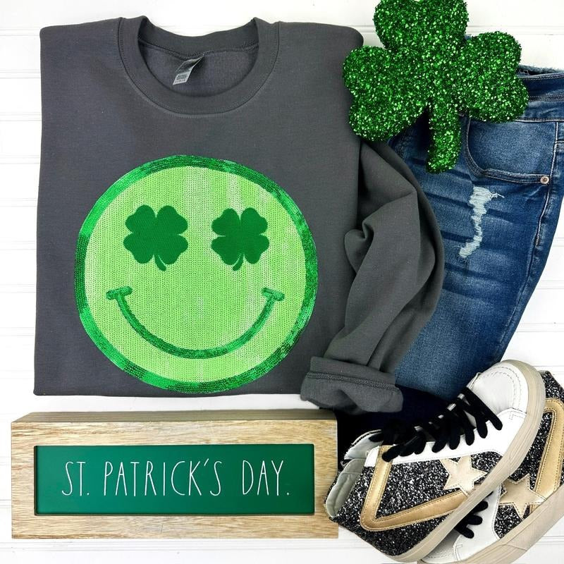 Shamrock Happy Face Patch Gildan Sweatshirt -- CHARCOAL T-Shirts, Hoodie | HypeCrazeTee.com