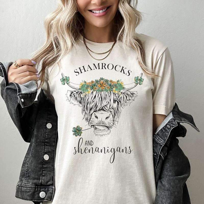 Shamrock Highland Cow T-Shirt St. Patricks Day Shirt St. Patricks Day Cow Tee St. Pattys Highland Cow T-Shirt Shamrock...