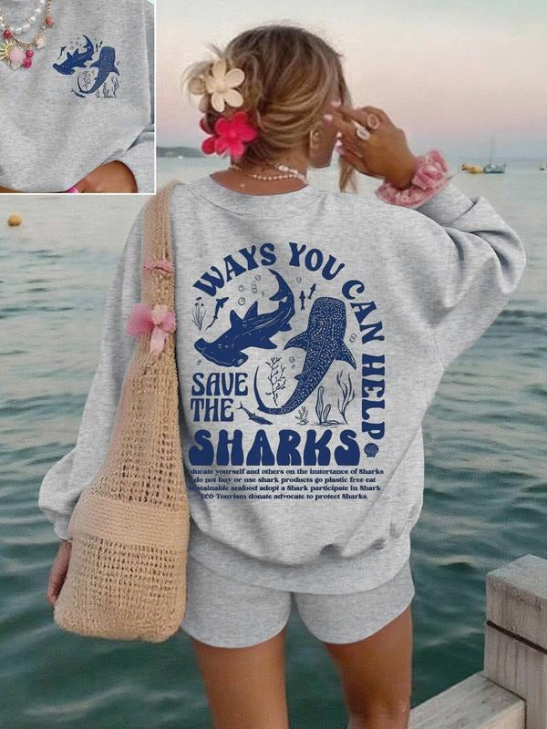 Shark Print Vacation, Women Oversized Crew Neck Long Sleeve Casual Sweatshirt, Back To School Fall Clothes T-Shirts, Hoodie