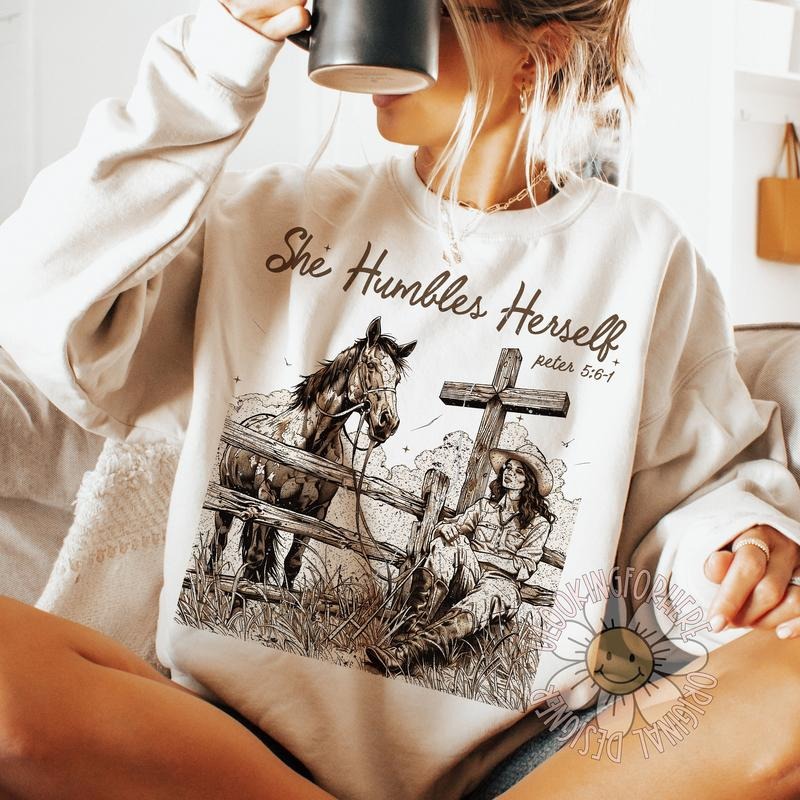 She Humbles Herself Peter 5:6 1 Retro Cowgirl Faith Womenswear Christian Country Shirt Western Cowboy Christian T-Shirts, Hoodie, Sweatshirt