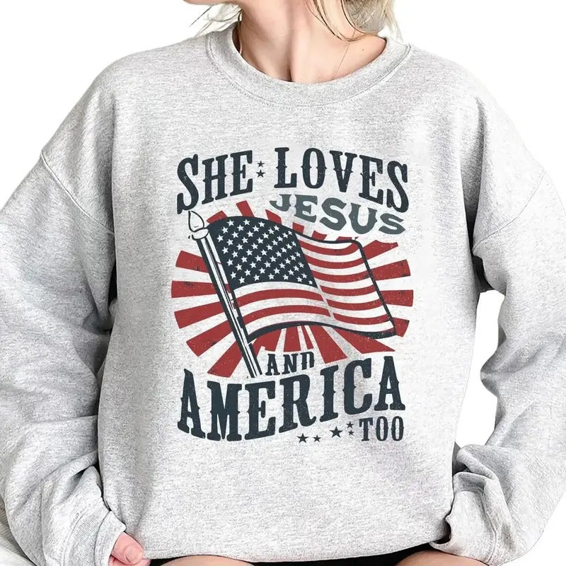 She Loves Jesus America Too USA Independence Day Shirt 4th July Shirt America Retro USA Flag T-Shirts, Hoodie, Sweatshirt
