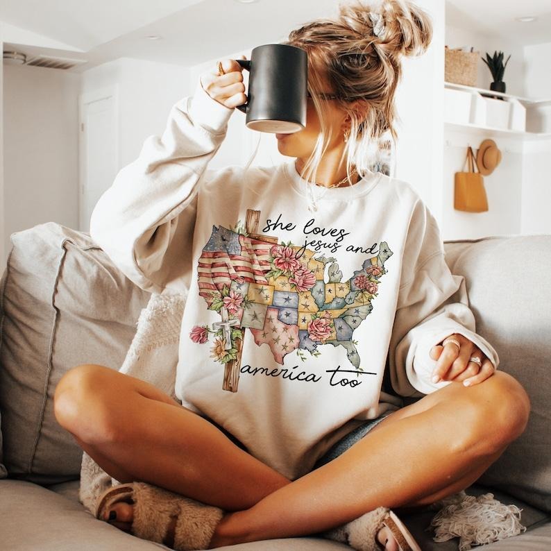 She Loves Jesus America Too 4th July Independence Day Christian 4th July Jesus Lover America Jesus T-Shirts, Hoodie, Sweatshirt