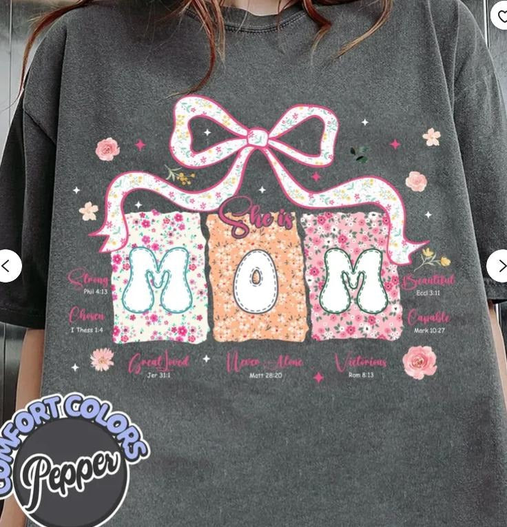 She is Mom Coquette Sweatshirt, Christian Mom Shirt, Boho Floral Mama Hoodie | HypeCrazeTee.com