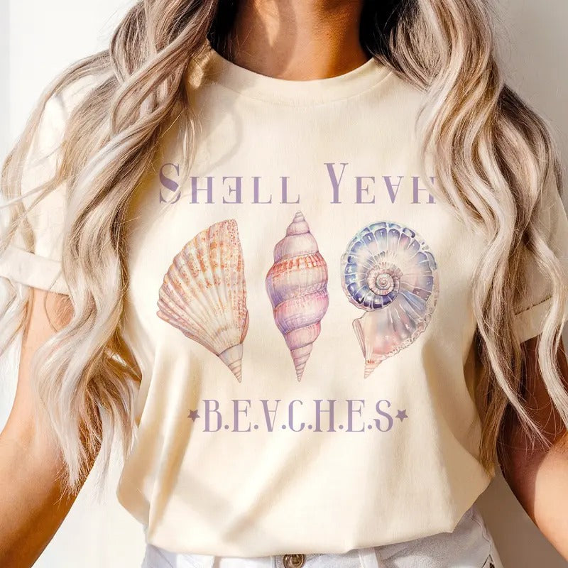 Shell Yeah Beaches Summer Graphic Tee Ocean Vacay Seashell Tshirt Womens Casual Shirt Hoodie, Sweatshirt | HypeCrazeTee.com
