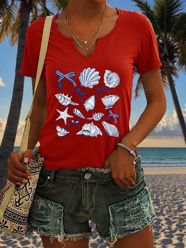 Shell and Starfish Graphic Print T-Shirt for Women, Casual Summer V Neck Short Sleeve Top, Trendy Fashion Leisurewear...