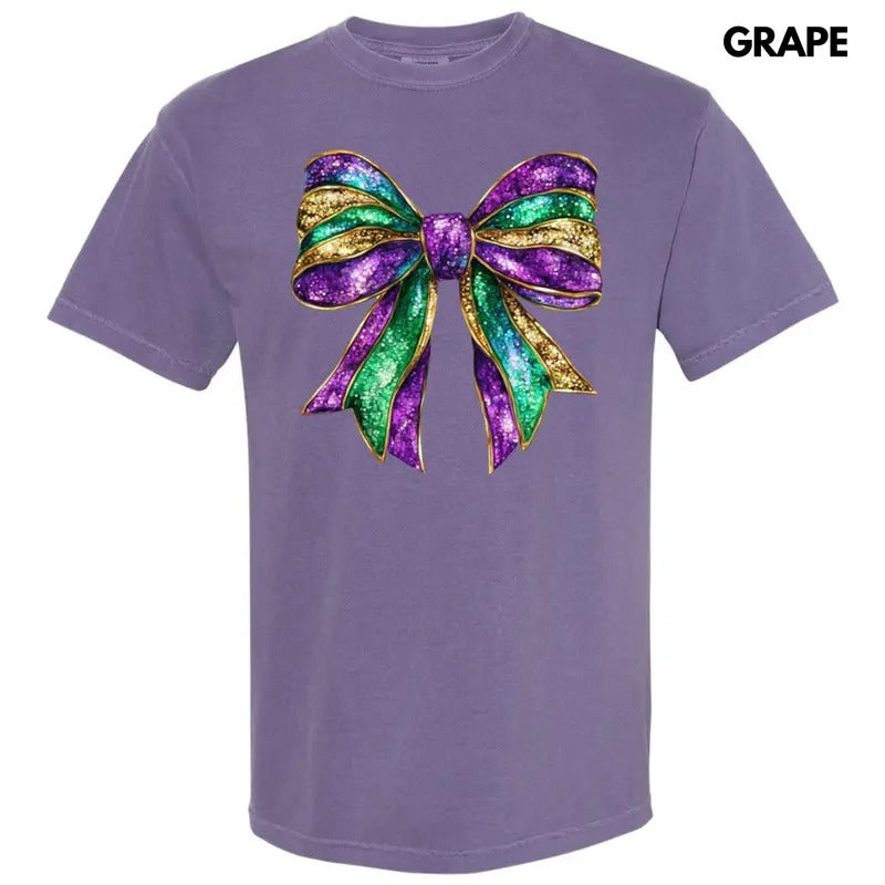 Shimmer Mardi Gras Bow Comfort Colors T-Shirt Hoodie, Sweatshirt | HypeCrazeTee.com