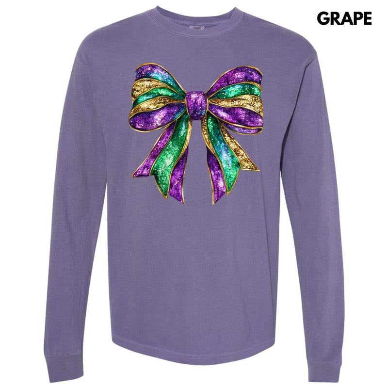 Shimmer Mardi Gras Bow Long Sleeve Comfort Colors T-Shirt Hoodie, Sweatshirt | HypeCrazeTee.com