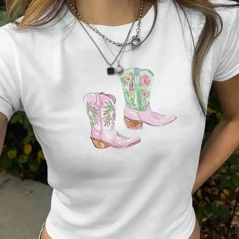 Shoes Print T-shirt, Short Sleeve Crew Neck Casual Top For Summer & Spring, Women's Clothing Hoodie, Sweatshirt