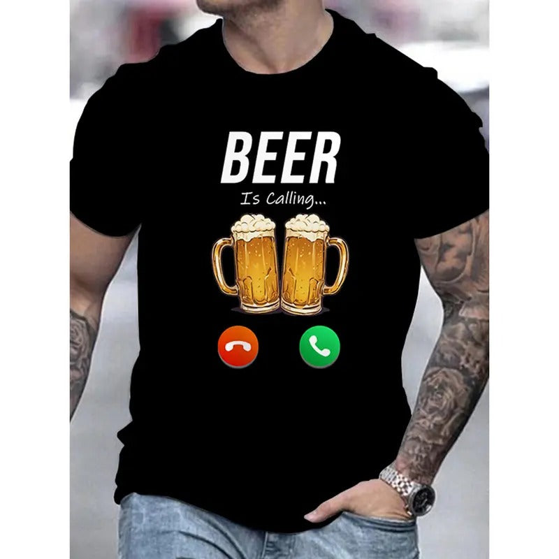 Short Sleeve Breathable Polyester Men's Funny Beer Pattern T-Shirt