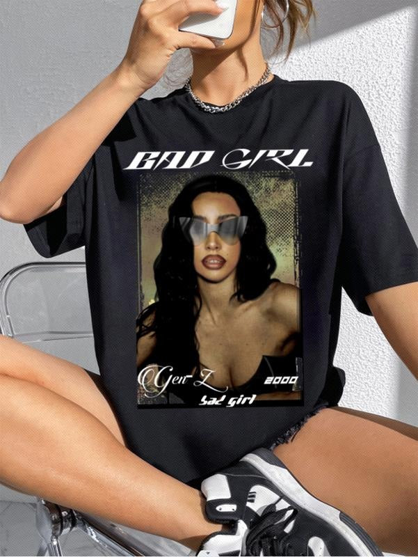 Short Sleeve Oversized Graphic Print T-Shirt Round Neck Drop Shoulder Casual Tee Top Hoodie, Sweatshirt | HypeCrazeTee.com