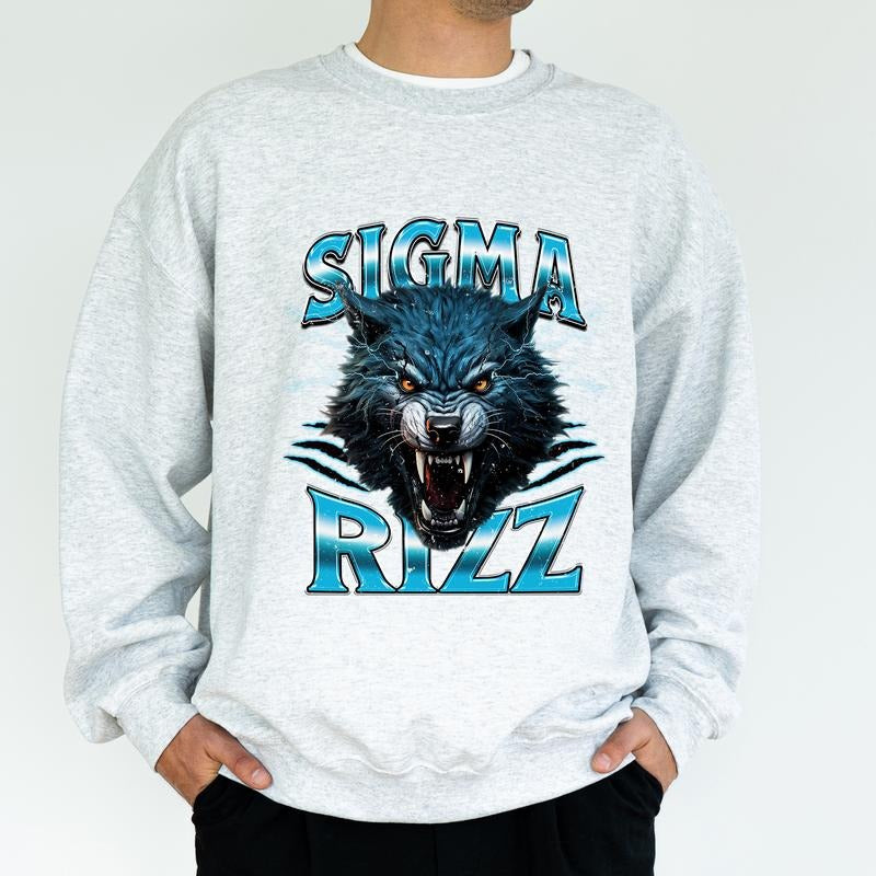 Sigma Rizz Sweatshirt, Funny Meme Sweater, Bootleg 90s Shirt for Men, Cool Boyfriend Clothing Gifts, Alpha Wolf Long...